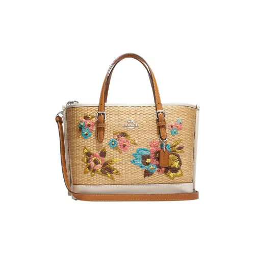 COACH Molly Tote Bag Shopping Bag Straw Woven Leather Bag Medium Women's Brown White