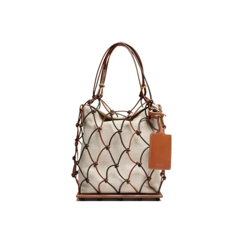 Jacquemus Хлопок Canvas Коровья кожа Сумка из холста Рыболовная сеть Сумка Портативная Сумка Женская Коричневая