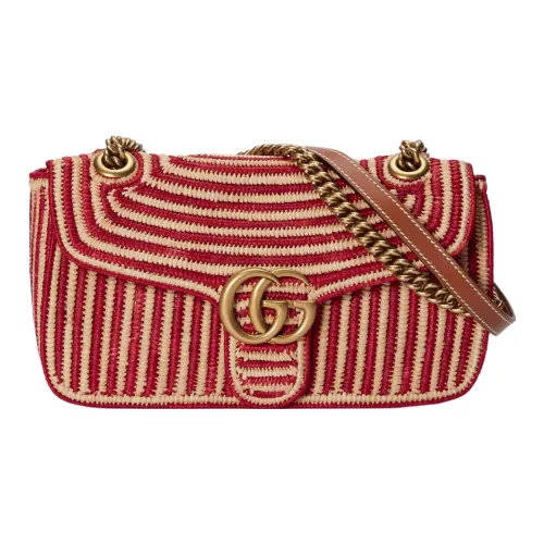 GUCCI GG Marmont Ткани вязаные Солома Портативный Сумки через плечо Маленькая Сумка через плечо Женская Красная и Коричневая