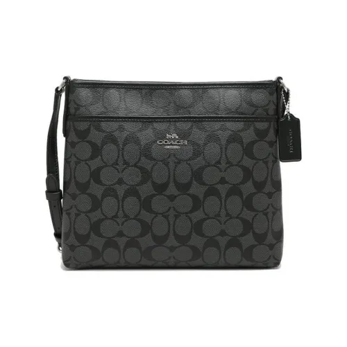 COACH File Холст и кожа Курьерская сумка Сумка через плечо Средняя Женская Черная Серая