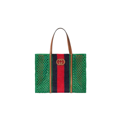 GUCCI Raffia с кожаными вставками цветовая схема сумка-тоут сумка для покупок сумка среднего размера женская зеленый черный красный