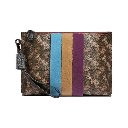 COACH Charlie Песочный Кожа с Покрытым Холстом Запястье Сумка Клатч Средний Женский Коричневый Многоцветный