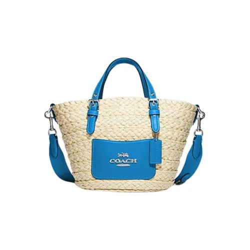 COACH Соломенная плетеная сумка с кожаными вставками Tote сумка для покупок сумка через плечо сумка маленькая женская синяя