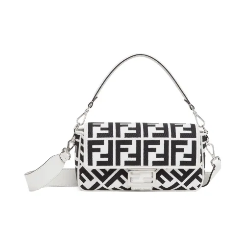 FENDI Baguette Вышивка Холст Багет Сумка Сумка Сумка через плечо Сумка через плечо Средняя Женская Черная Белая