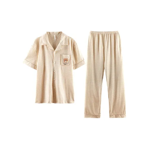 Q'NIANMA Бежевый Кофейный Клетка Мужской Пижамный Комплект
