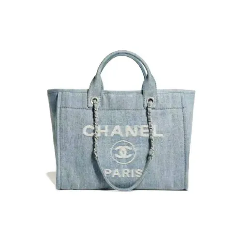 CHANEL Denim Beach Bag Tote Bag Shopping Bag Shoulder Bag Large Women's Light Blue