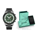 MF0237G Черный корпус, зеленый циферблат, стальной браслет