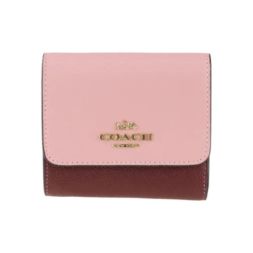 COACH Трехсекционный кошелек Крестовая текстура Кожа Держатель для карт Кошелек Маленький Женский Розовый и Бургунди