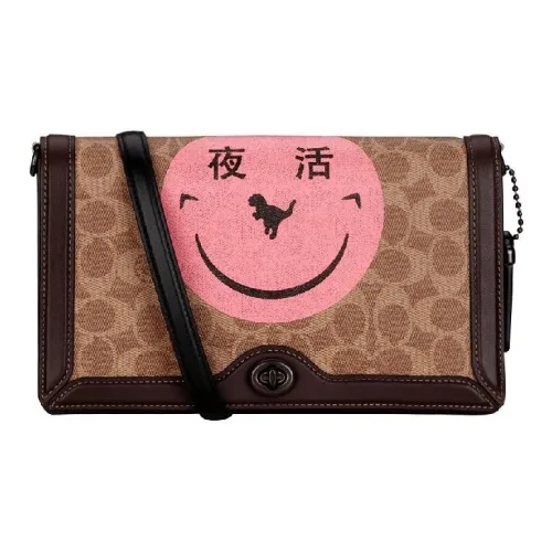 COACH Riley Холст и Кожаная Конверт Сумка Портативная Сумка через плечо Сумка на плечо Женская Коричневая и Розовая