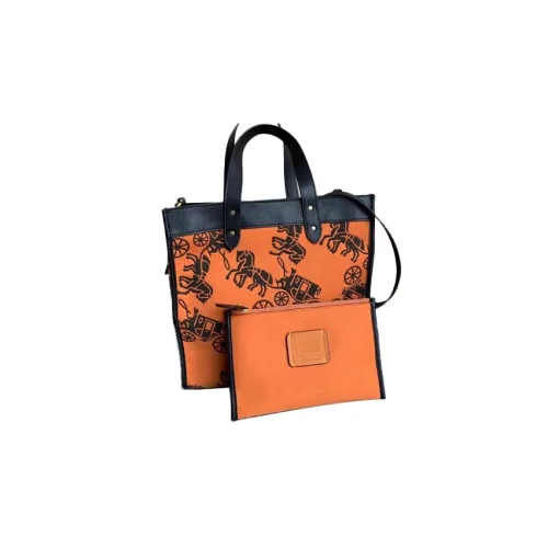 COACH Field Кожа Тоут Сумка Сумка для покупок Комбинированная сумка Сумка Большая Женская Апельсин Черный