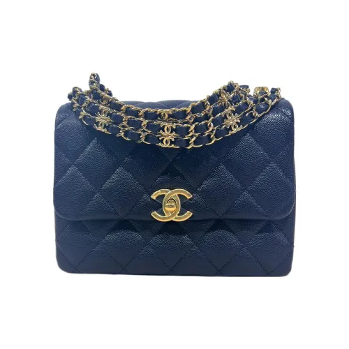 CHANEL 22K Осень и Зима Коровья крупнозернистая текстура Сумка через плечо Женская Темно-синий