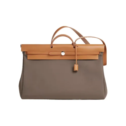 HERMES Herbag Zip Officier Canvas с Hunter Коровья кожа Сумка Унисекс Слоновой серый Эбеновый