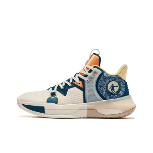 QIAODAN Battle Blade 5TEAM Амортизаторы Slip-resistant устойчивые к истиранию MID Топ Баскетбольные кроссовки Мужской Желтый Циановый