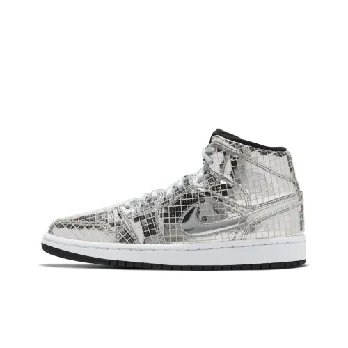 Jordan Air Jordan 1 MID 'DISCO Шар' DISCO Шар Амортизация Баланс MID Топ Винтажные баскетбольные кроссовки Женские Серебряный