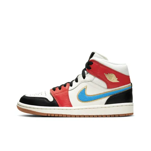 Jordan Air Jordan 1 MID SE MID Топ Винтажные баскетбольные кроссовки Женские Белый Красный Черный Синий
