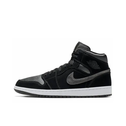 Jordan Air Jordan 1 MID SE Износостойкий And Легкий MID Топ Винтажные баскетбольные кроссовки Мужской Черный Серебряный
