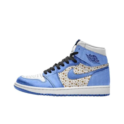 Supreme x Jordan Air Jordan 1 Амортизирующие Высокие Баскетбольные Кроссовки Slip-Resistant Винтажные Мужские Синие и Белые