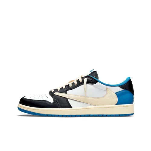Travis Scott X Fragment Design x Jordan Air Jordan 1 Low OG SP Low Топ Баскетбольные кроссовки Унисекс Белый Синий Черный