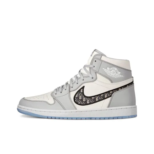 DIOR x Jordan Air Jordan 1 High OG 'Белый Волк GREY' Высокий Топ Винтажные Баскетбольные Кроссовки Унисекс Белый Серый