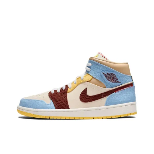 Jordan Air Jordan 1 MID 'Бесстрашный' X Maison Chateau MID Топ Винтажные баскетбольные кроссовки Унисекс Синий Желтый