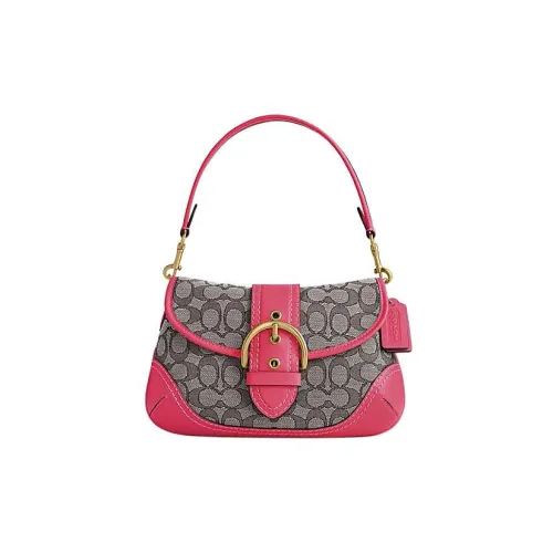 COACH SOHO Совместная линия Ткань с кожей Полумесяц Сумка Плечевая сумка Женская Клубничный красный и Серый
