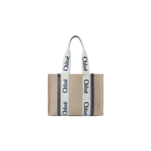 Chloe Woody Linen Canvas Calfskin Tote Bag Shopping Bag Women's