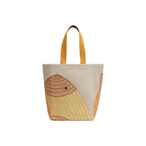 HERMES Poisson H Холст Хлопок Canvas Сумка Beach Bag Женская Бежевая Желтая