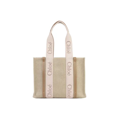 Chloe Woody Linen Canvas Calfskin Canvas Tote Shopping Bag Regular Women's