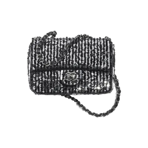 CHANEL Блестки Flap Bag Сумка через плечо Мини Женская Черная и Серебряная