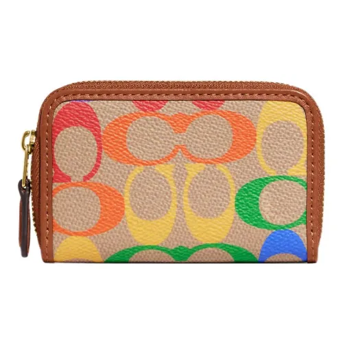 COACH Zip Around Покрытый холст с утонченной телячьей кожей кошелек для монет кошелек женский коричневый и радужный