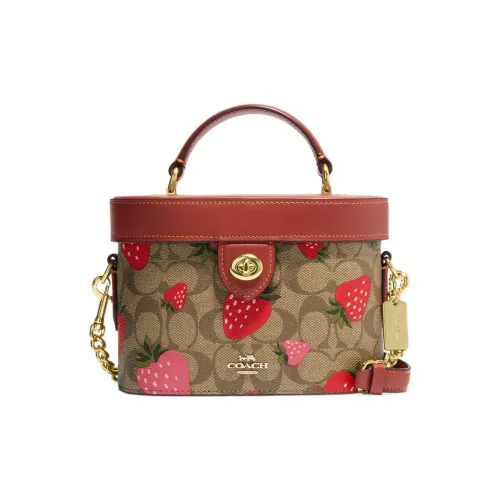 COACH Kay Кожа Панелированная Холст Макияжная Сумка Коробка Сумка Сумка Сумка через плечо Сумка через плечо Маленькая Женская Хаки и Красная