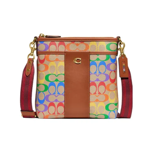 COACH Kitt Холст с кожей Курьерская сумка Сумка через плечо Женская Коричневый Радужный