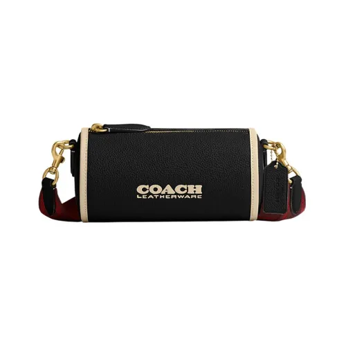 COACH Barrel Пескоструйная кожа Цилиндрическая сумка Сумка через плечо Большая Женская Черная