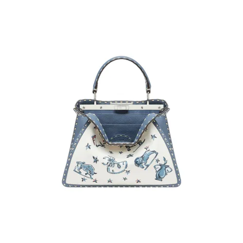 FENDI Peekaboo ISeeU Canvas Телячья кожа Сумка через плечо Сумка среднего размера Женская Синяя Белая