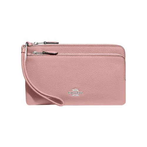 COACH Double Zip Wallet Галечная кожа Клатч Кошелек Маленький Женские Нюдово-розовый