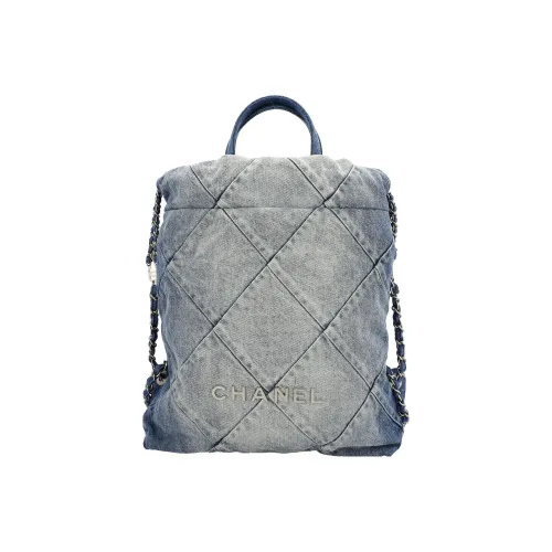CHANEL 22Bag Выстиранный Деним Материал Серебряный Металл Рюкзак Женские Светло-Синий