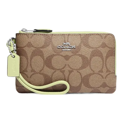 COACH Double Zip Wallet Покрытый холст Сумка на запястье Кошелек для монет Кошелек Женские Коричневый