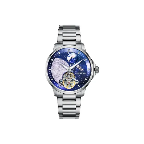 REEF TIGER Механический механизм ремешок из нержавеющей стали мужские часы синий циферблат