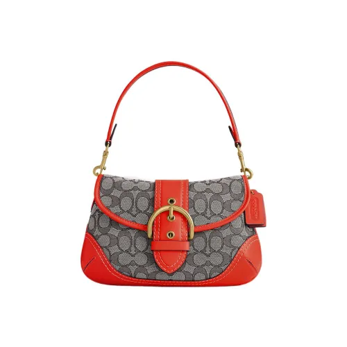 COACH Soho Жаккард Кожа Полумесяц Сумка Плечевая Сумка Большая Женская Оранжевая и Серая