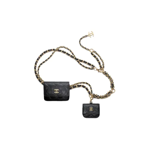 CHANEL Блестящий Икорный Телячья кожа Цепочка Сумка на плечо MOTHER Daughter Обхват талии Сумка Женские Черный
