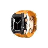 Чёрный bezel + Розово-золотой корпус + Апельсиновый ремешок