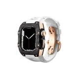 Чёрный bezel + Розово-золотой корпус + Белый ремешок