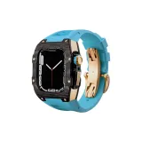 Чёрный bezel + Розово-золотой корпус + Синий ремешок