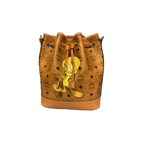 MCM Visetos Холст с кожей Комбинированный Ведрообразная сумка Сумка Сумка через плечо Сумка через плечо Средний Женская Коричневый коньячный