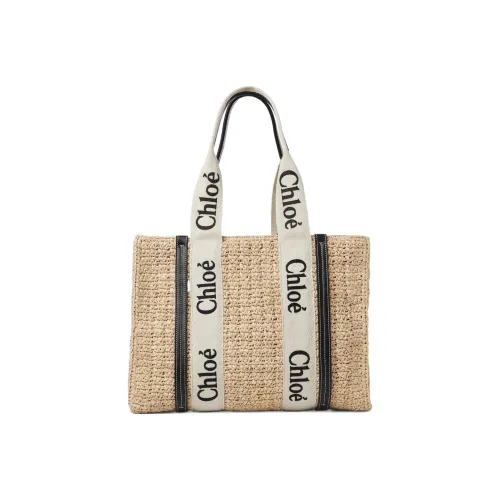 Chloe Woody Raffia Телячья кожа Тоут Сумка Сумка для покупок Сумка через плечо Сумка среднего размера Женская Песочного цвета