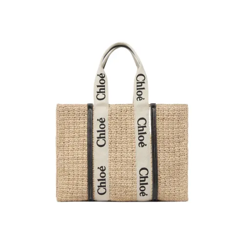 Chloe Woody Raffia Телячья кожа Тоут Сумка Сумка для покупок Сумка через плечо Сумка Большая Женская Песочного цвета
