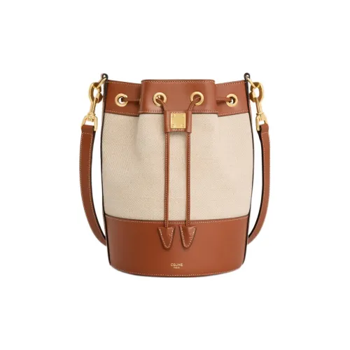 CELINE Cabas Ткань с коровьей кожей Ведрообразная сумка через плечо Маленькая Женская Естественный цвет Коричневый