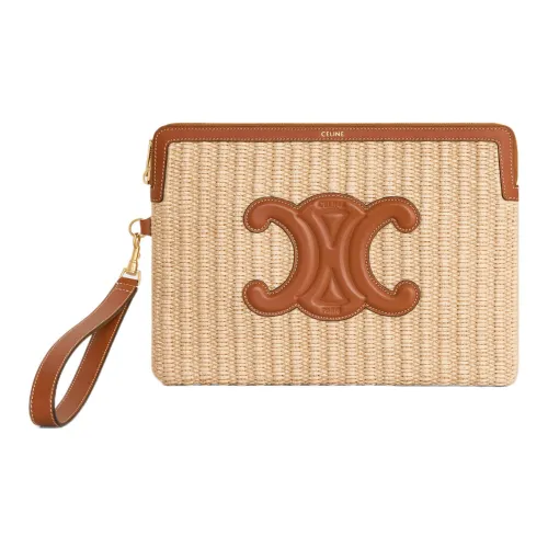 CELINE Cuir Triomphe Ткань Коровья Кожа Клатч Маленький Женский Естественный Коричневый