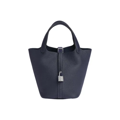 HERMES Picotin Lock Clemence Bullock Кожа Корзина Сумка Ведрообразная Сумка Сумка 18 Женская 2Z BLEU NUIT Полночный Синий