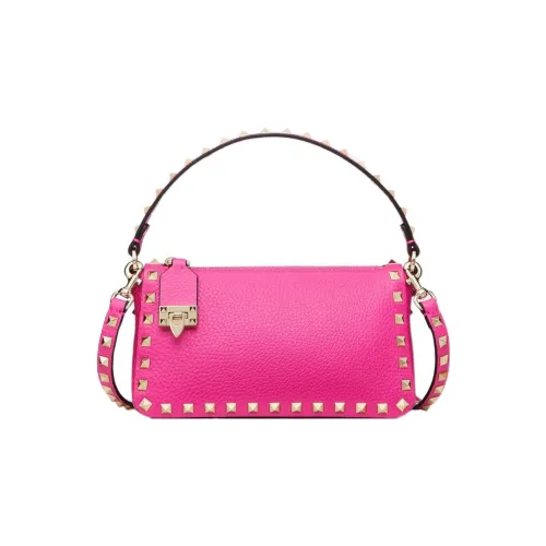 Valentino Rockstud Рельеф Телячья Кожа Багет Сумка Плечо Сумка Плечо Сумка Маленькая Женская Розовая Красная